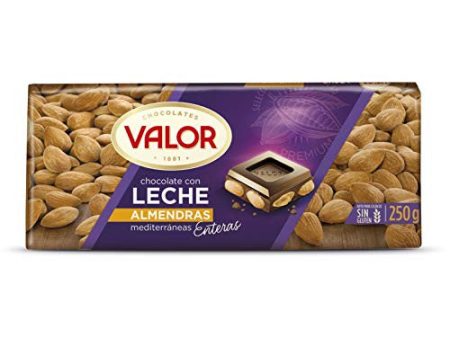 Valor - Chocolate con Leche con Almendras Mediterráneas Enteras - Sin Gluten - Chocolate con Leche y Almendras Valor - Chocolate Valor Suave - Tableta de 250 Gramos on Sale