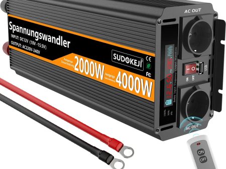 Sudokeji 2000 W 4000 W, inversor de corriente CC 12 V a 230 V CA, onda modificada, convertidor de voltaje para coche con pantalla de cristal líquido, mando a distancia inalámbrico, 2 enchufes y USB (Falta Mando y Cables) Reacondicionado Discount