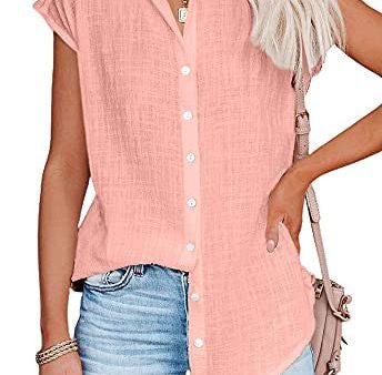 Hiistandd Camiseta de manga corta para mujer, de lino, con cuello en V, suelta, con botones en la parte inferior, Rosa., XL Reacondicionado Cheap